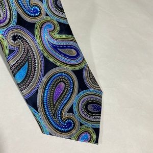 New With Tags Geoffrey Beene Paisley Silk Tie in Blue, Black, Purple, and Green